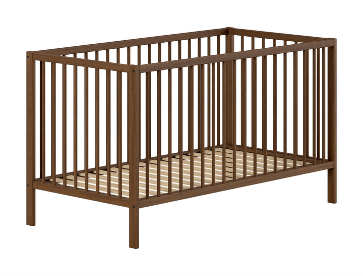 Jaxx Dino babybed 70 x 140 cm in walnoot met verstelbare lattenbodem en uitneembare spijlen.
