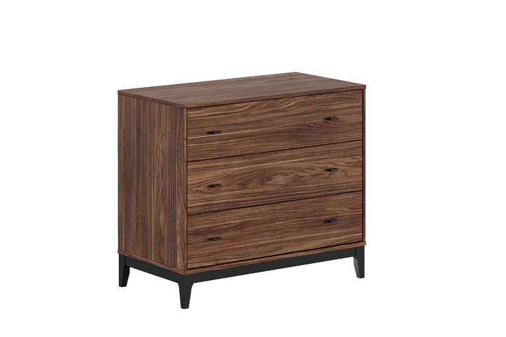Jaxx Commode Ilyas in walnoot met drie laden, zwarte handgrepen en zwarte pootjes.