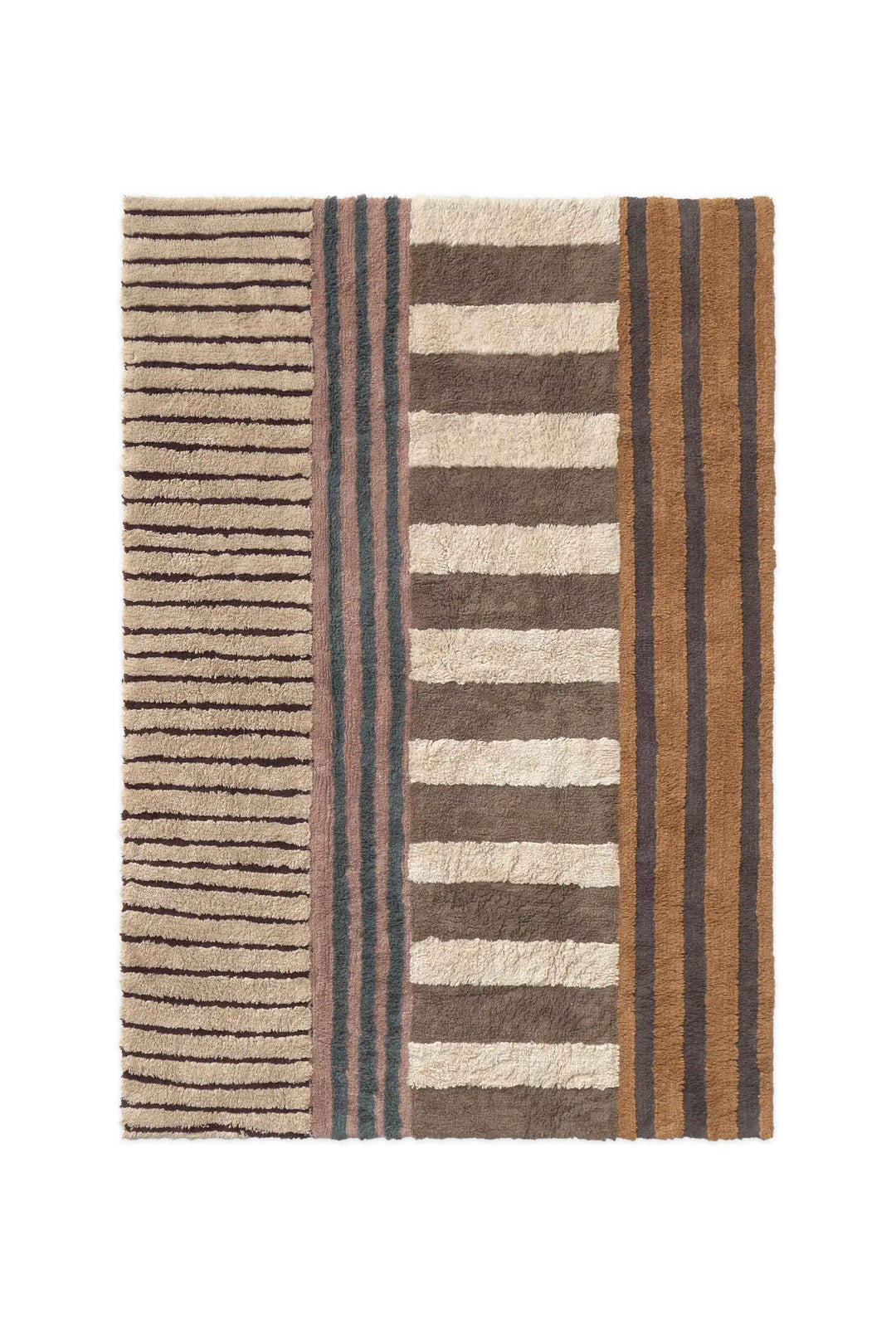 Lorena Canals Color On Earth tapijt 80x140 cm met brede en smalle strepen in beige, bruin en multicolor.