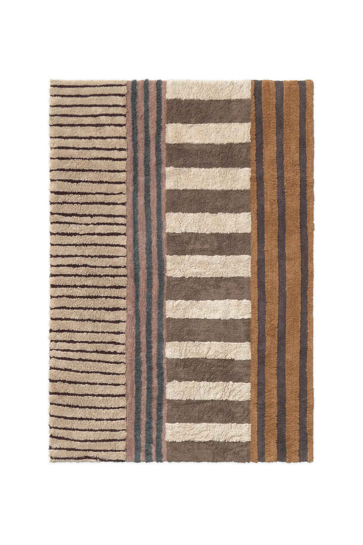 Lorena Canals Color On Earth tapijt 80x140 cm met brede en smalle strepen in beige, bruin en multicolor.