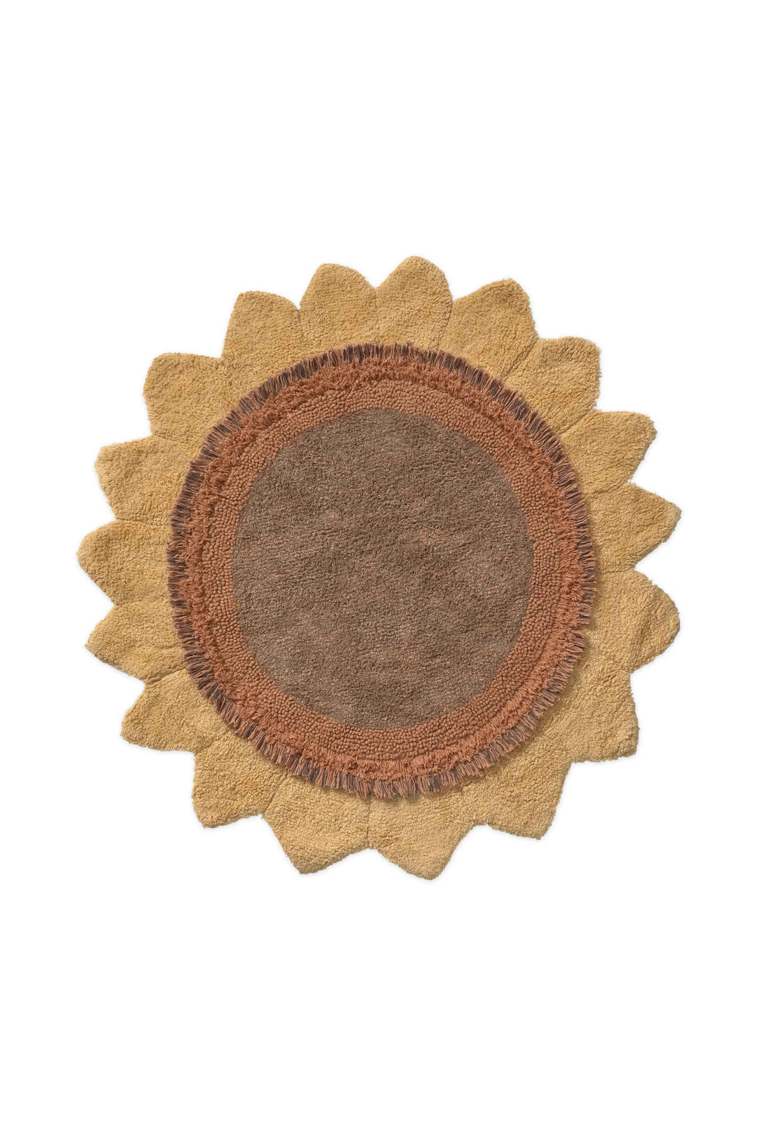 Lorena Canals Sunflower rond tapijt Ø120 cm in geel en bruin met gelaagde bloemblaadjes.