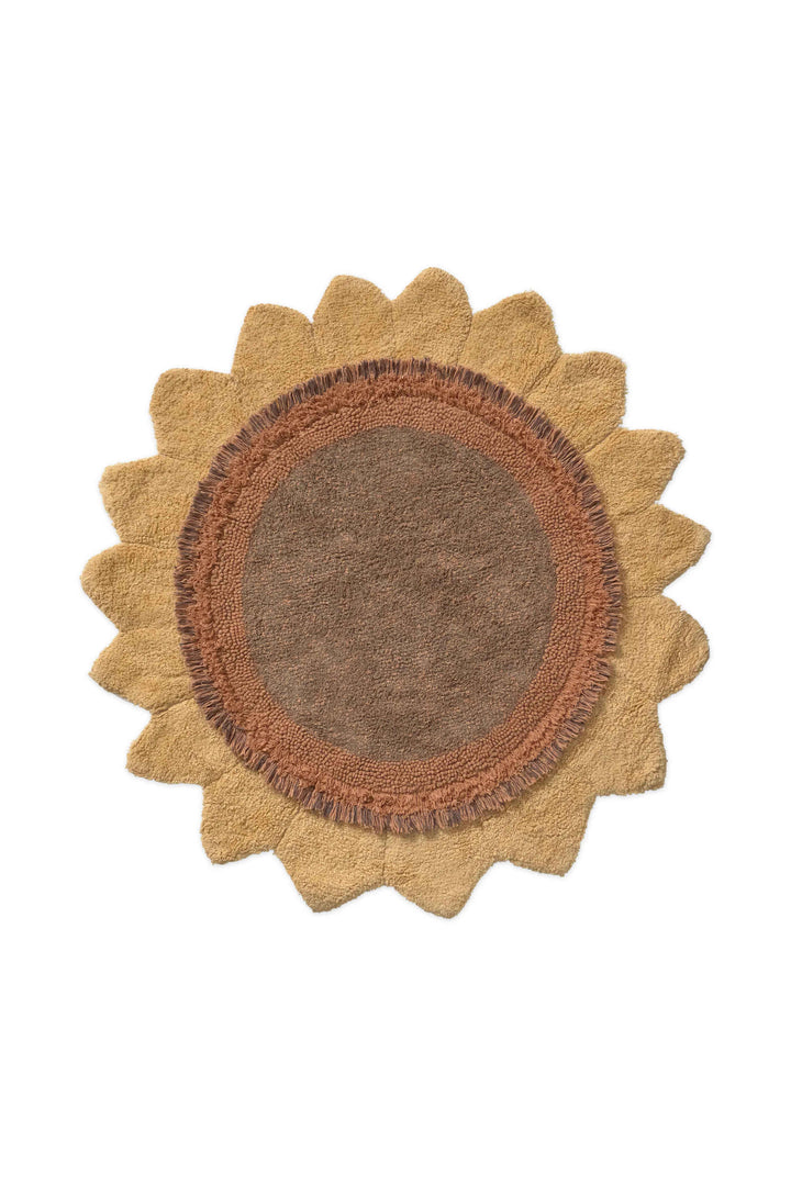 Lorena Canals Sunflower rond tapijt Ø120 cm in geel en bruin met gelaagde bloemblaadjes.