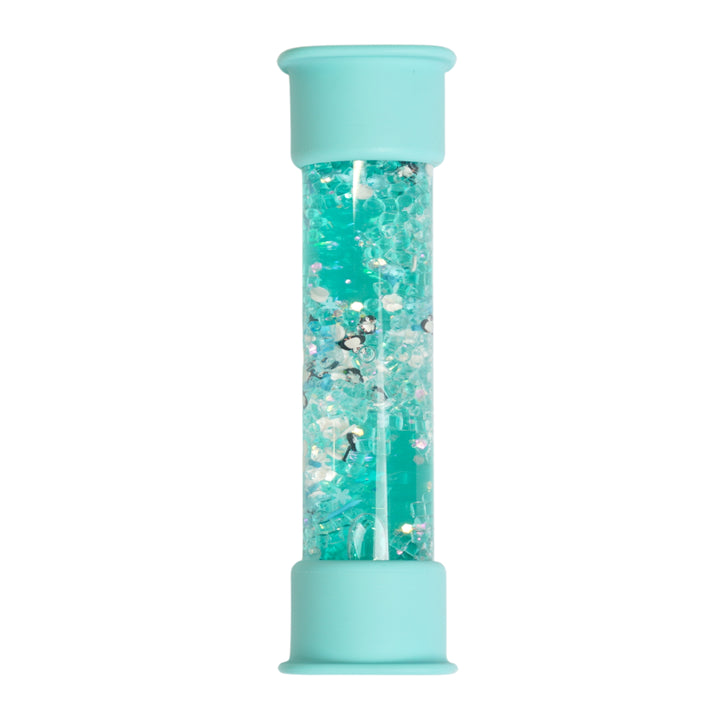 Sense2Play Sensi'Bottle Blue Arctic sensorische fles met kleurrijke vloeistof en langzaam bewegende speelelementen.