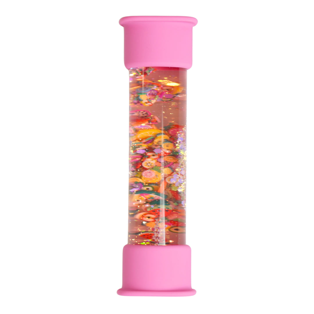 Sense2Play Sensi'Bottle Pink Fruit roze sensorische fles met kleurrijke vloeistof en bewegende speelelementen.