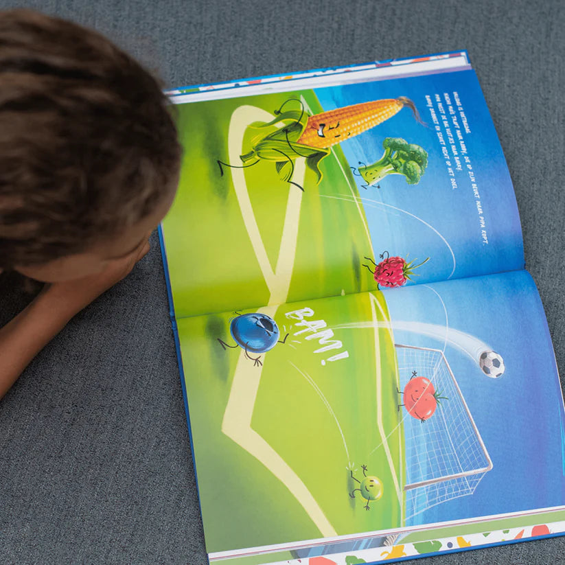 Boek "De Beste" van Hongry met Barry de blauwe bes die leert over doorzetten en zelfvertrouwen