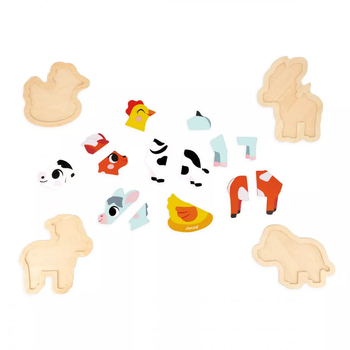 Janod Legpuzzel Farm – set van 4 houten boerderijdieren puzzels in verschillende moeilijkheidsgraden