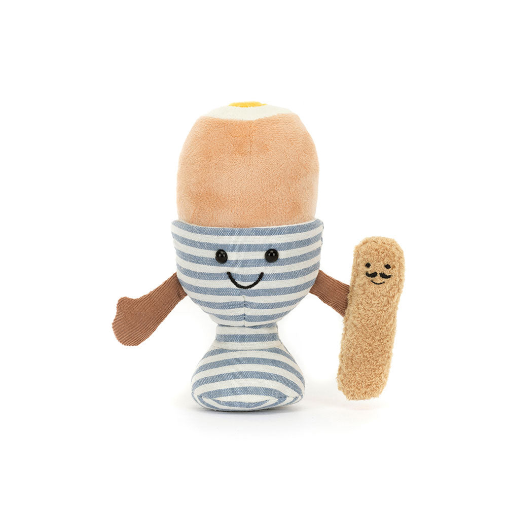 Jellycat knuffel van een gekookt eitje met een stuk brood en schattige oogjes