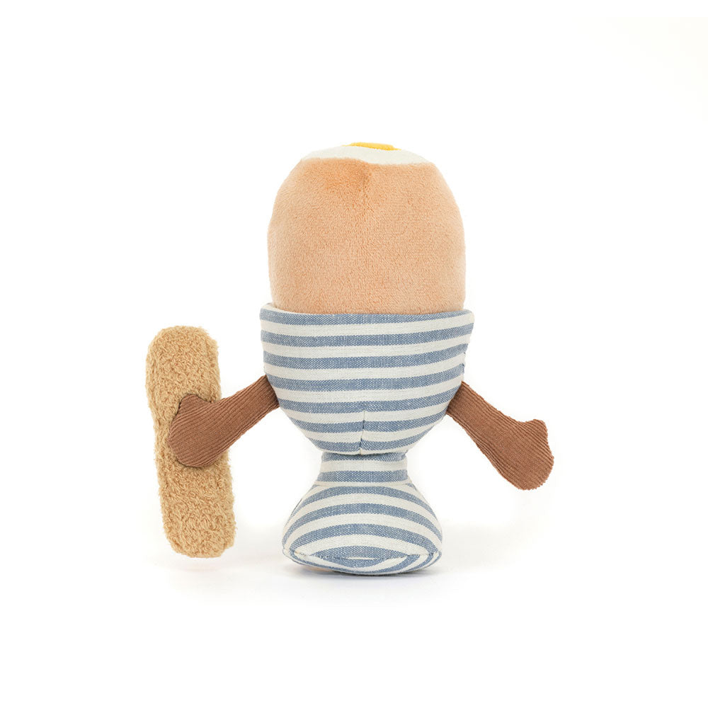 Jellycat knuffel van een gekookt eitje met een stuk brood en schattige oogjes