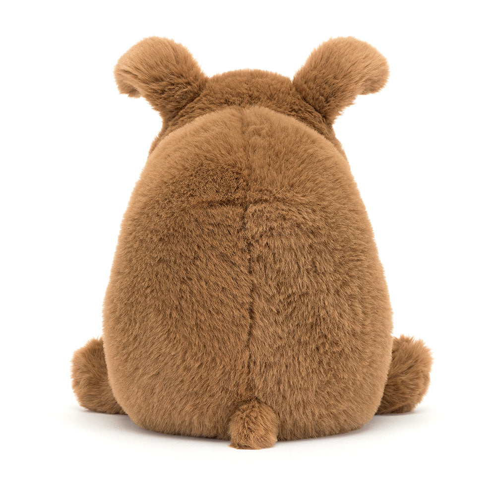 Bruine JellyCat knuffelhond Derreck met frons en havermoutkleurige buik