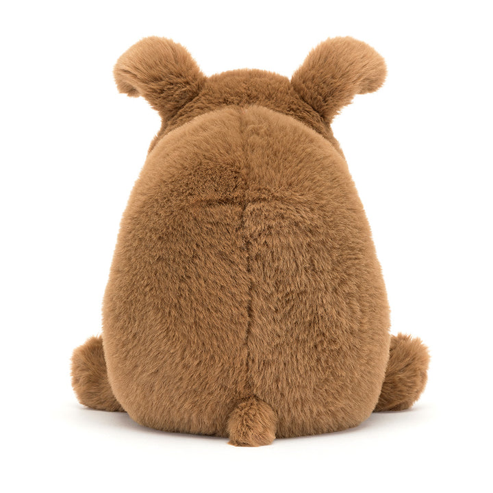 Bruine JellyCat knuffelhond Derreck met frons en havermoutkleurige buik