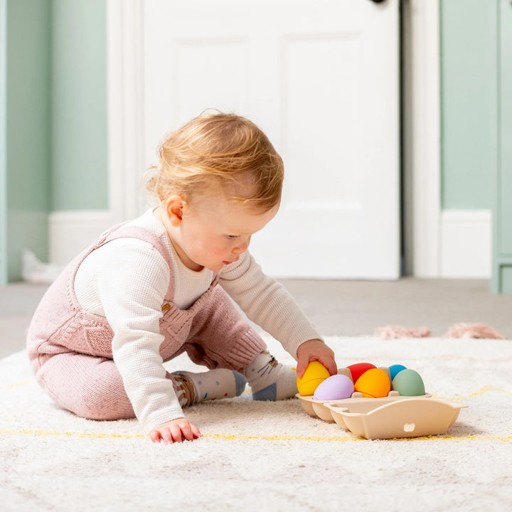 Regenboogkleurige silicone sensorische eieren met eierdoos van Tickit