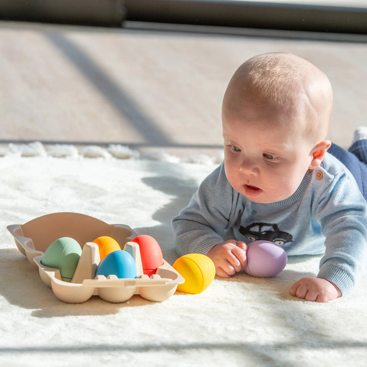 Regenboogkleurige silicone sensorische eieren met eierdoos van Tickit