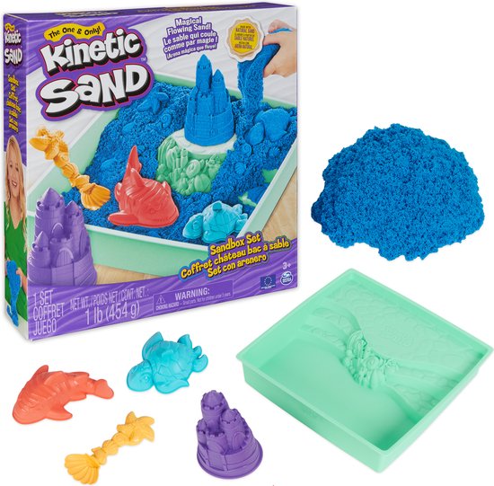Blauwe Kinetic Sand zandbak met kneedbaar sensorisch zand