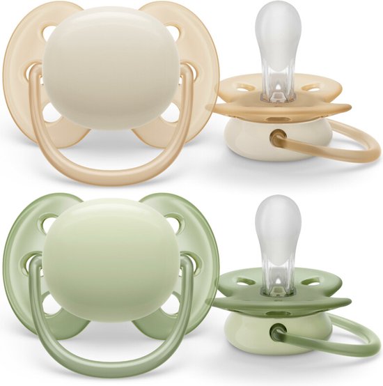 Philips Avent Ultra Soft Fopspeen in beige en lichtgroen, ideaal voor baby's van 0-6 maanden.