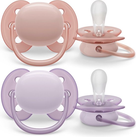 Philips Avent Ultra Soft Fopspeen in paars en roze, ideaal voor baby's van 0-6 maanden.