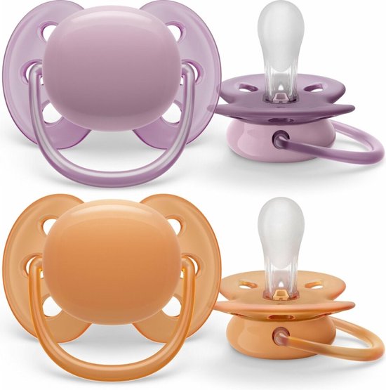 Philips Avent Ultra Soft Fopspeen in paars en oranje, ideaal voor baby's van 6-18 maanden.