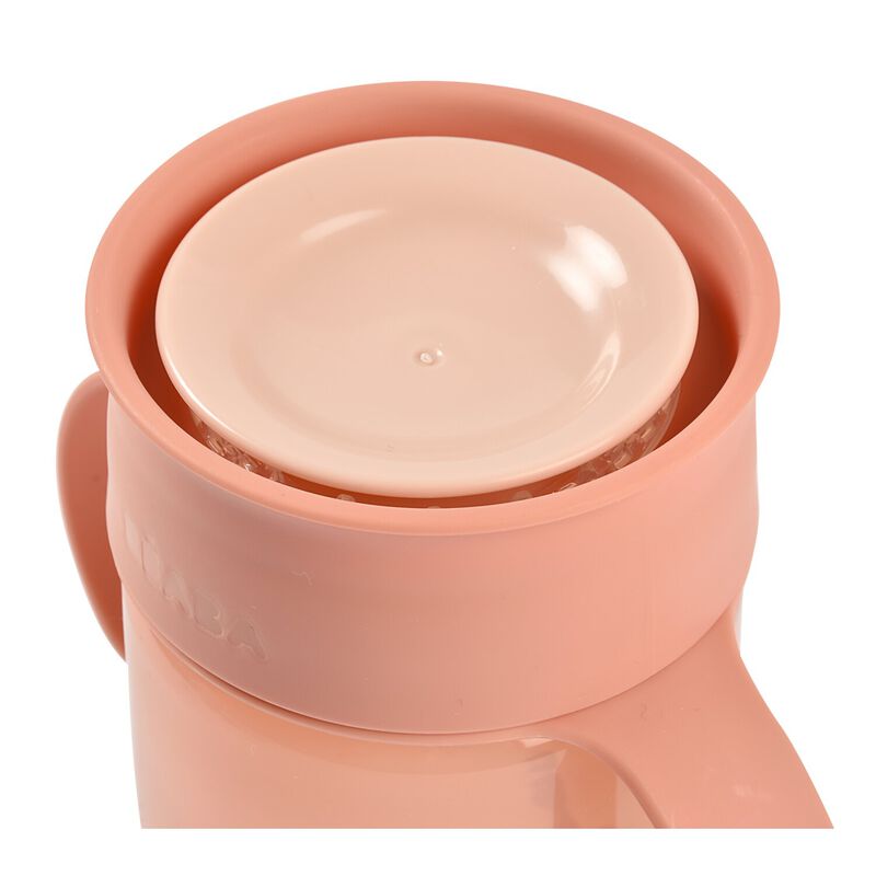Roze Béaba 360° leerbeker met handgrepen en afsluitdeksel, 340 ml