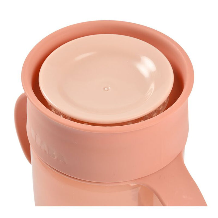 Roze Béaba 360° leerbeker met handgrepen en afsluitdeksel, 340 ml