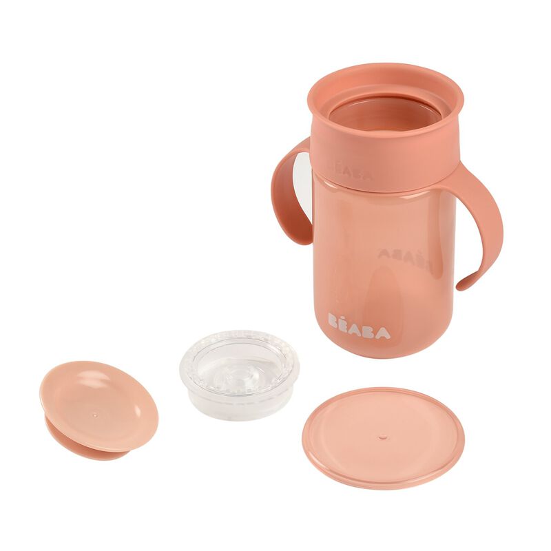 Roze Béaba 360° leerbeker met handgrepen en afsluitdeksel, 340 ml