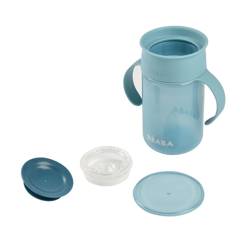 Blauwe Béaba 360° leerbeker met handgrepen en afsluitdeksel, 340 ml