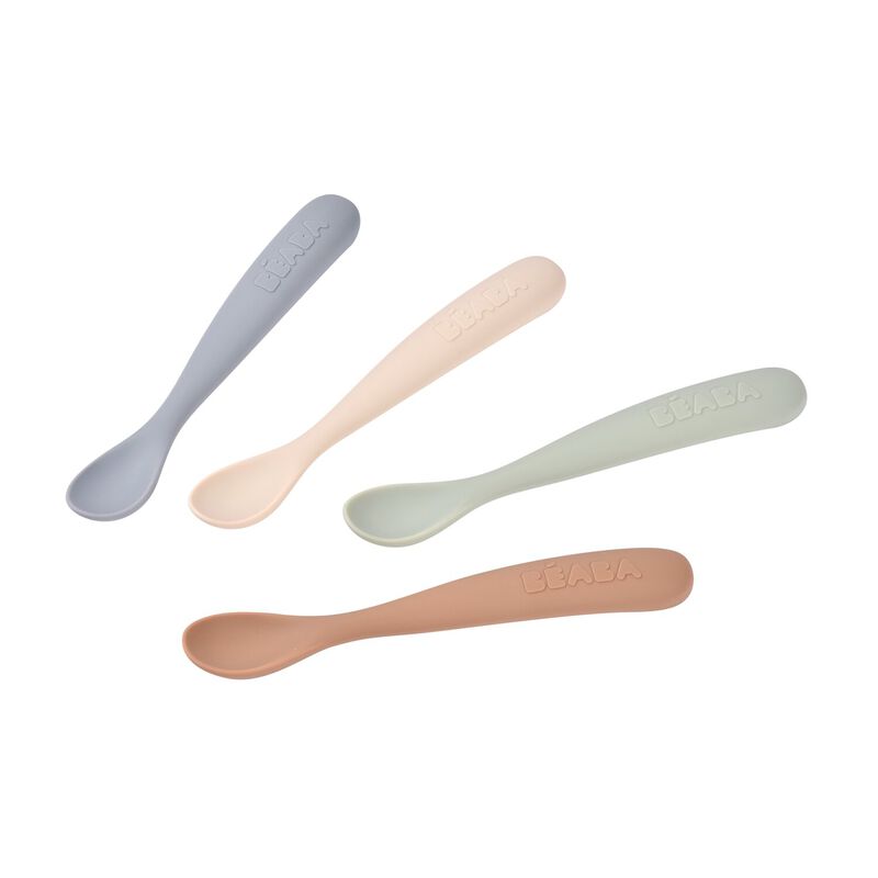 Béaba siliconen lepels 1ste leeftijd in set van 4 kleuren Natural Kiezel, Grijsgroen, Praline en Clay