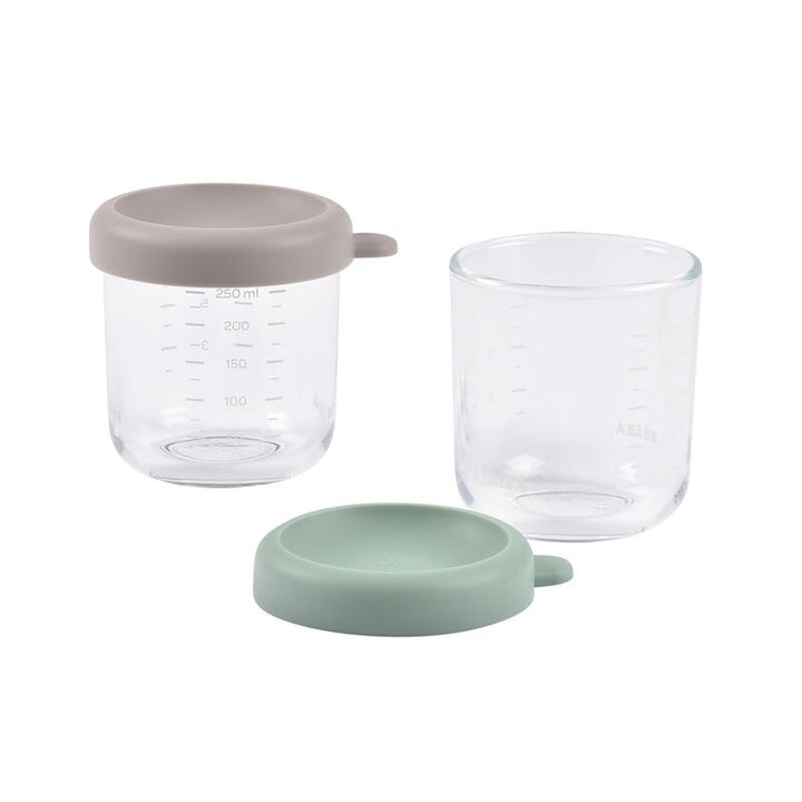 Set van 2 Béaba glazen bewaarpotjes 250ml in Green/Gazelle, met hermetisch deksel