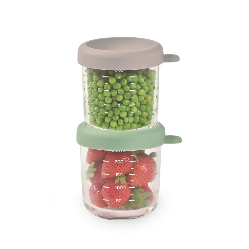 Set van 2 Béaba glazen bewaarpotjes 250ml in Green/Gazelle, met hermetisch deksel