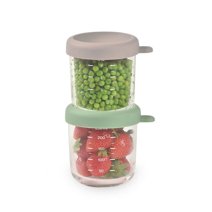 Set van 2 Béaba glazen bewaarpotjes 250ml in Green/Gazelle, met hermetisch deksel