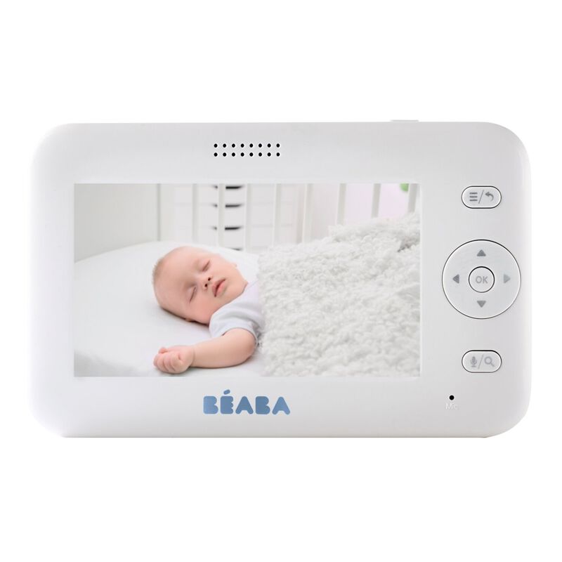 Beaba Babyfoon Video Zen Plus met zelfdraaiende camera, nachtzicht, en kleurenscherm.