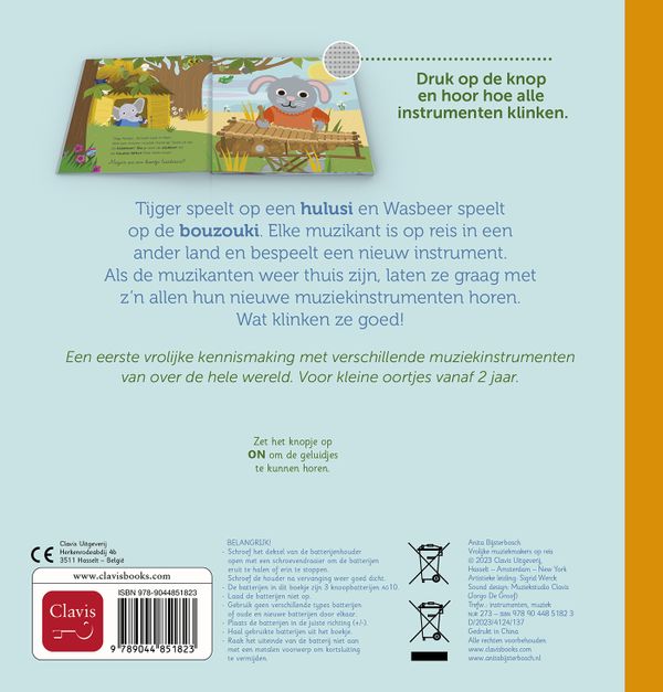 Kleurrijk kinderboek 'Vrolijke Muziekmakers Op Reis' van Clavis met dieren die verschillende muziekinstrumenten bespelen