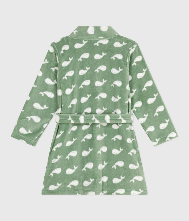 Petit Bateau fleece badjas met walvissenprint in Saule / Marshmallow