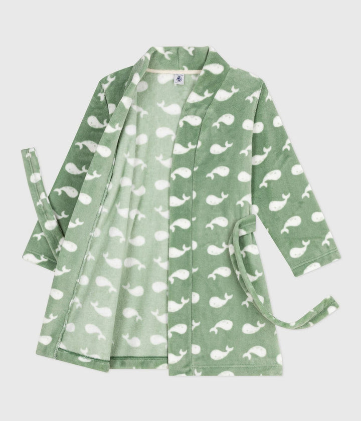 Petit Bateau fleece badjas met walvissenprint in Saule / Marshmallow