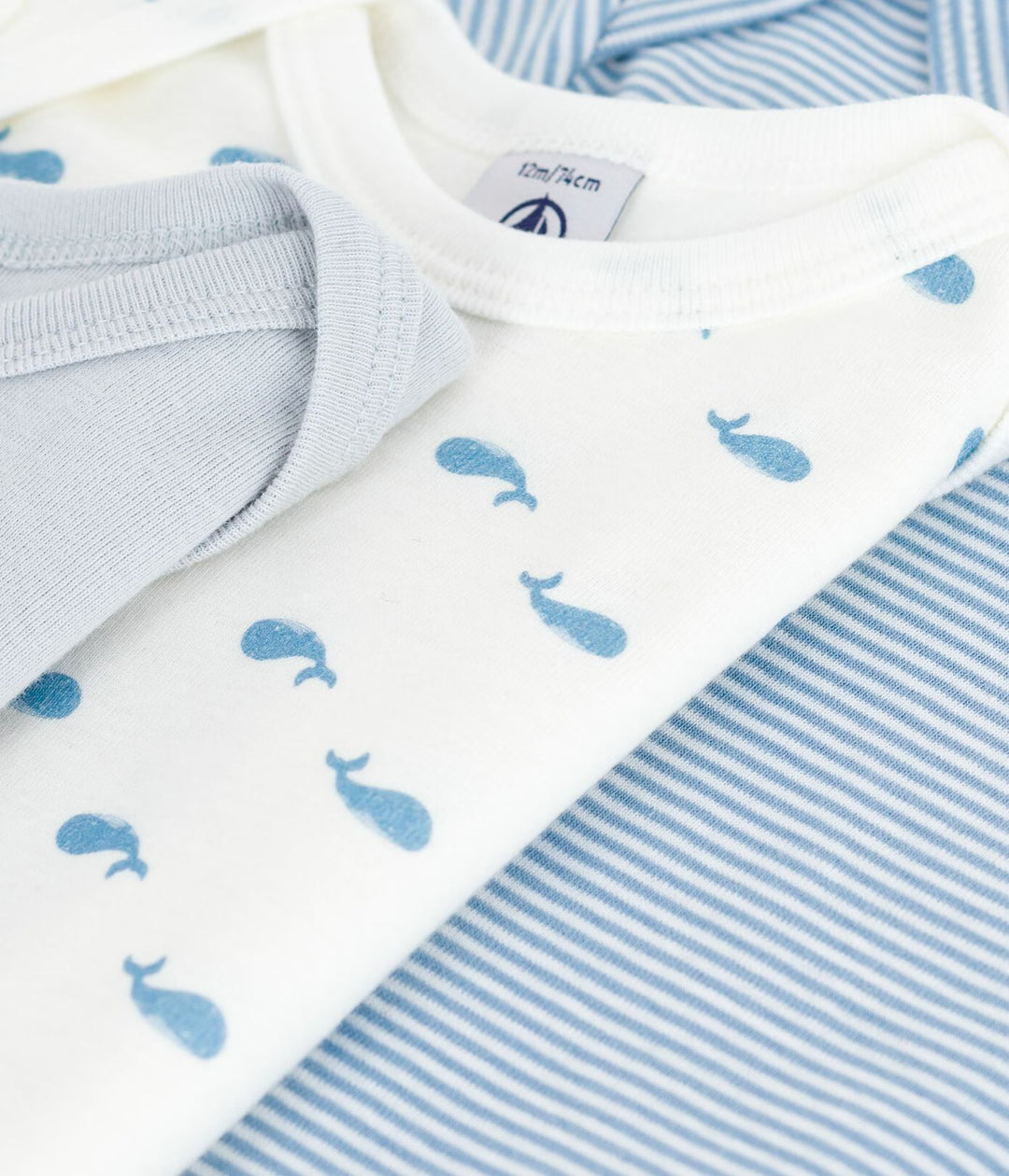 3-pack uniseks Petit Bateau body’s met walvisprint en strepen