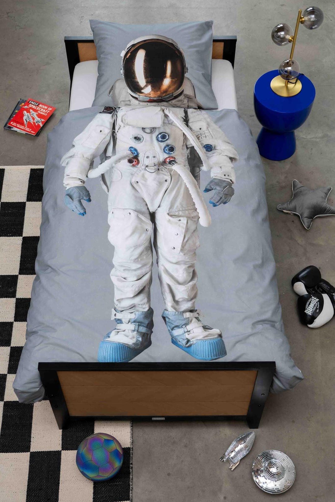 Snurk astronaut dekbedovertrek 140x200 cm met grijze ruimteprint en biologisch katoen
