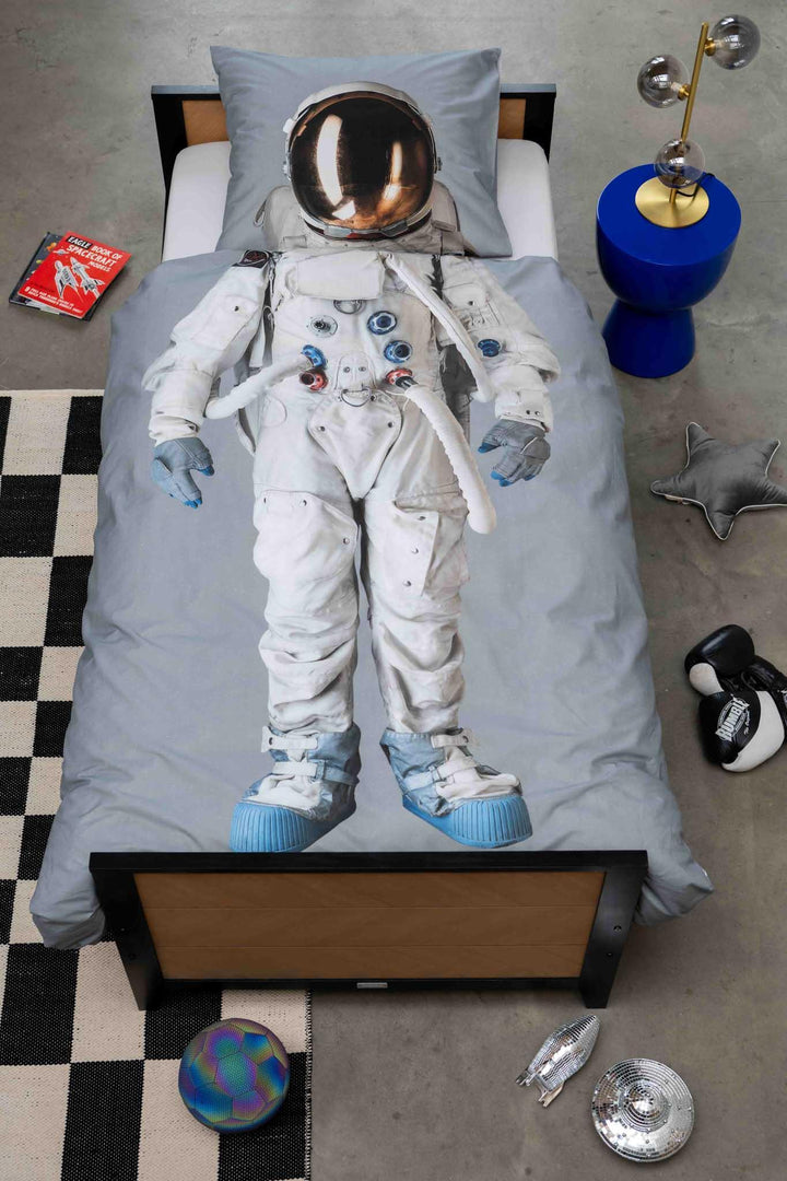 Snurk astronaut dekbedovertrek 140x200 cm met grijze ruimteprint en biologisch katoen