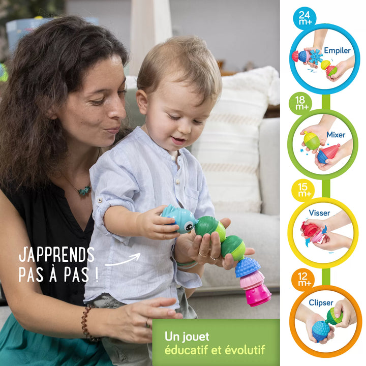 Lalaboom educatieve kralen bosdieren tube blue, set van 6 dierenkralen met Bizou de bij en Birdy de vogel