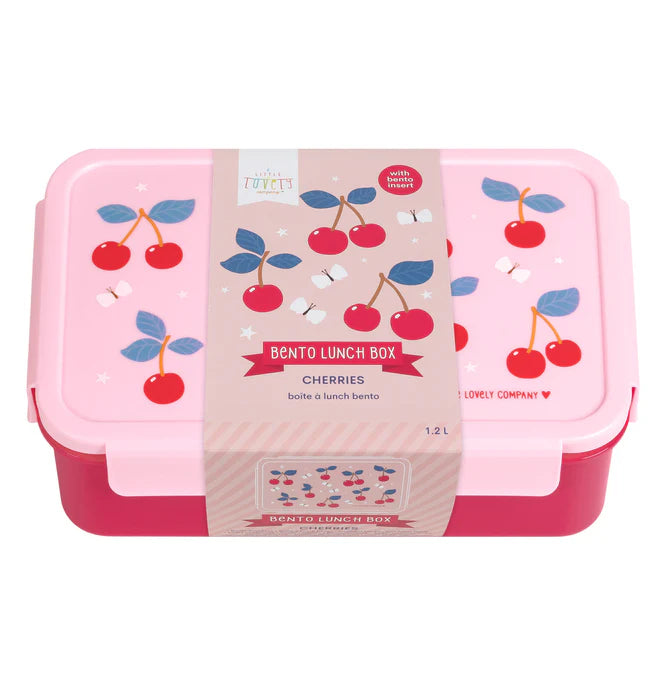 Roze bento lunchbox met kersenprint van A Little Lovely Company met uitneembare vakjes