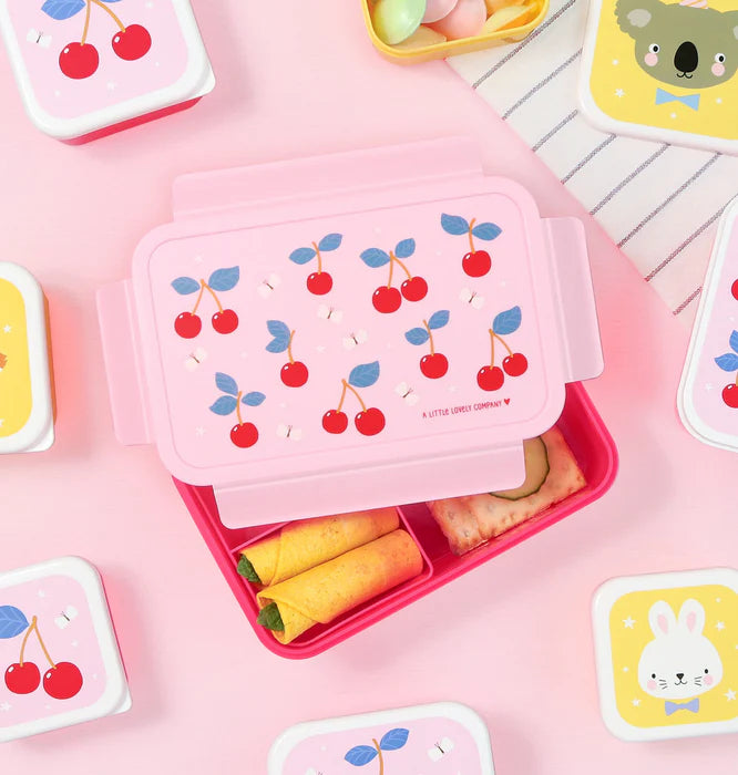 Roze bento lunchbox met kersenprint van A Little Lovely Company met uitneembare vakjes