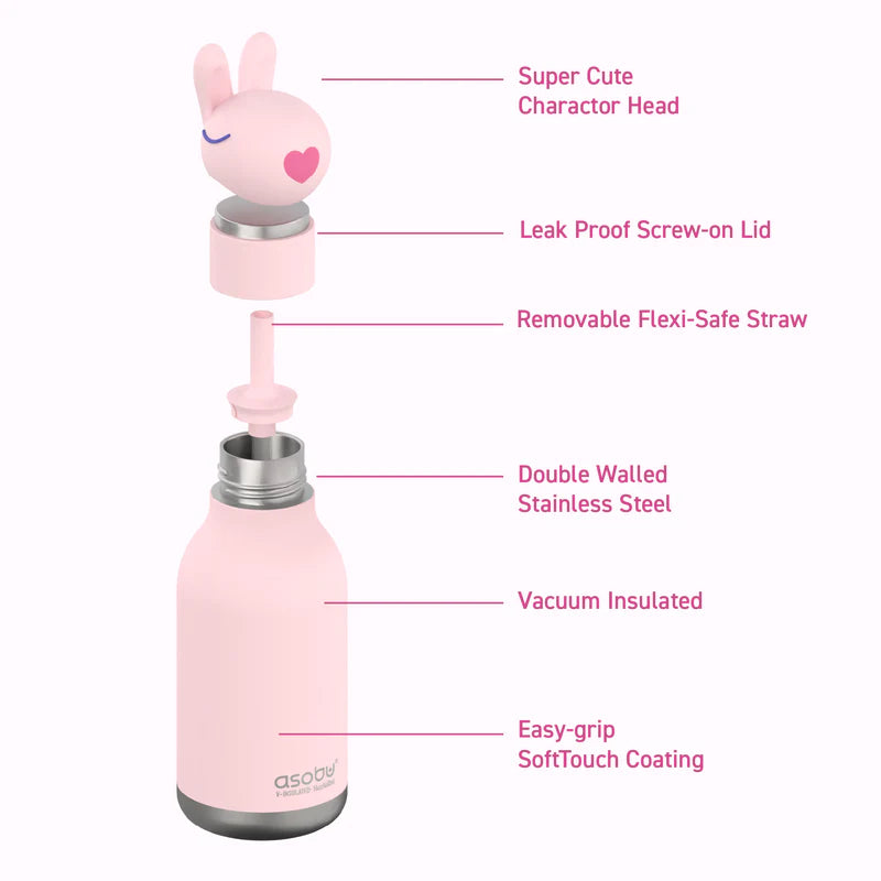 Asobu Bestie Bunny drinkfles 475ml in cream met konijnenhoofd