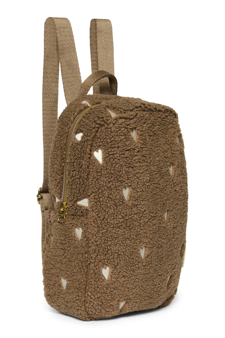 Mini rugzak van Studio Noos in teddy stof met hartjesmotief, kleur brown
