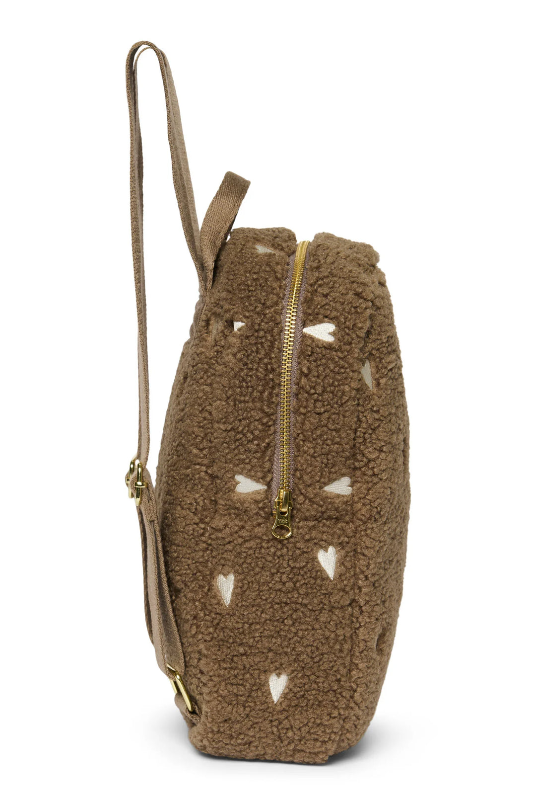 Mini rugzak van Studio Noos in teddy stof met hartjesmotief, kleur brown