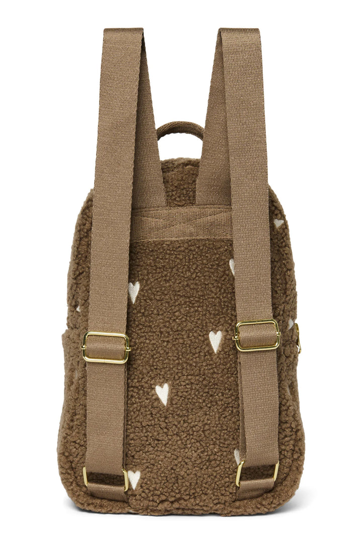 Mini rugzak van Studio Noos in teddy stof met hartjesmotief, kleur brown