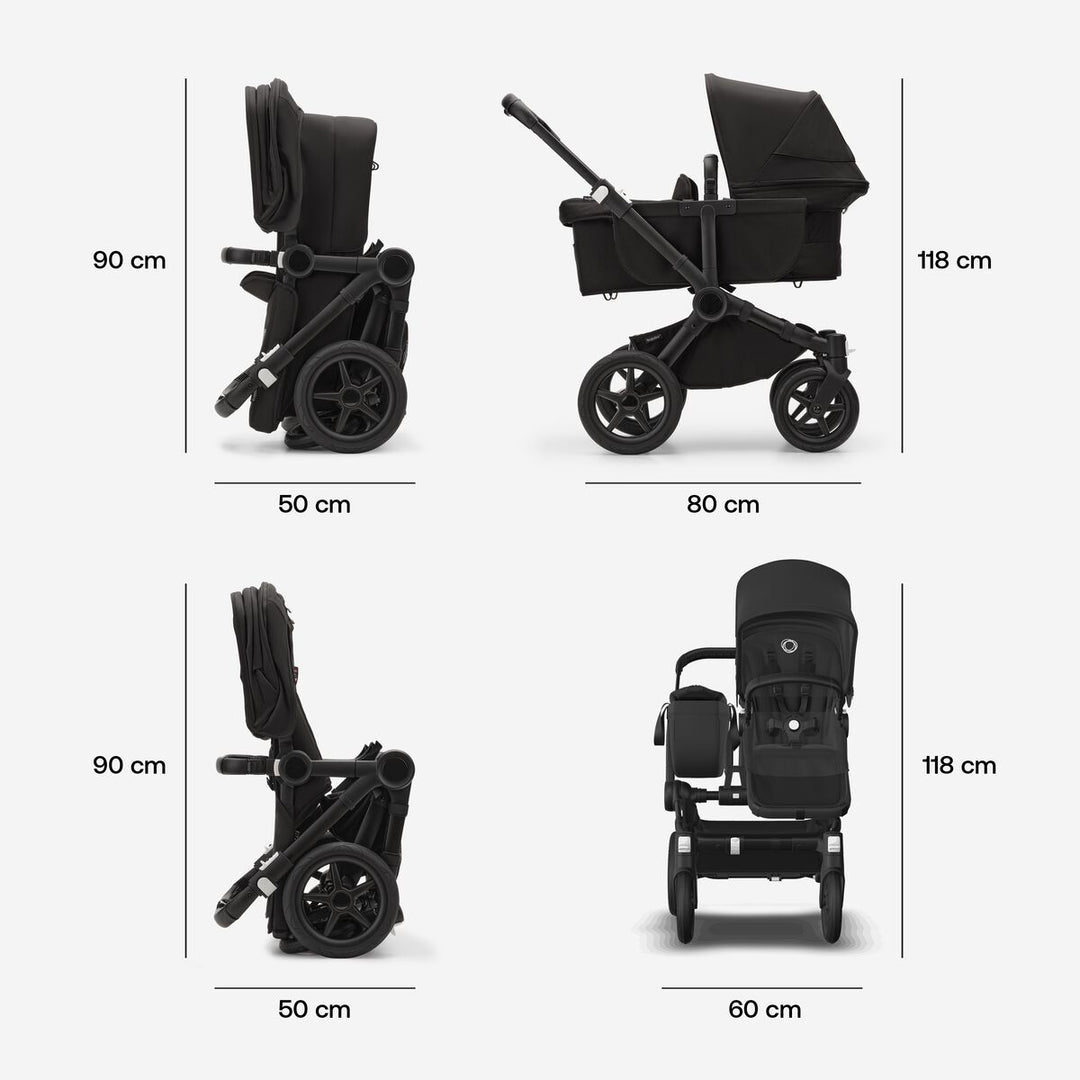 Bugaboo Donkey5 Mono kinderwagen in Black / Midnight Black, om te vormen tot duo kinderwagen, met ruime opbergcapaciteit en UPF 50+ zonnekap.