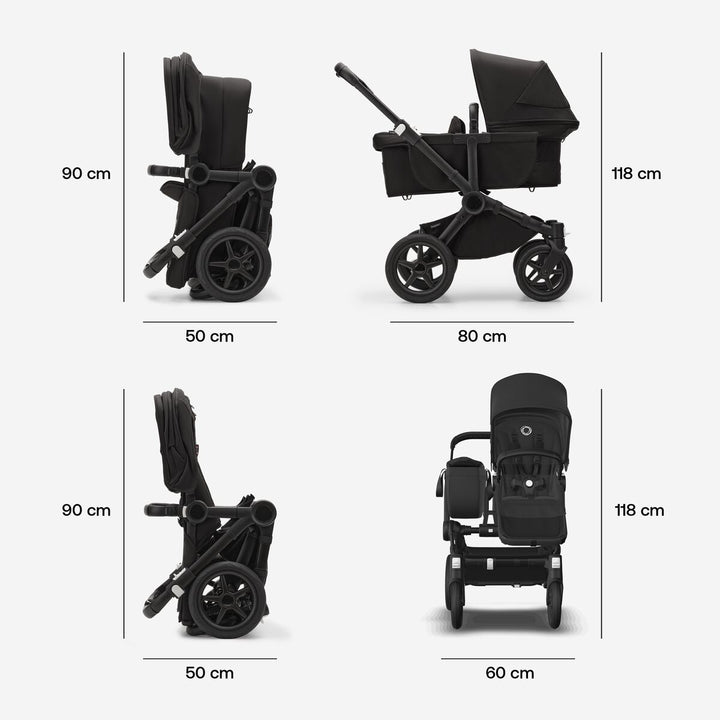 Bugaboo Donkey5 Mono kinderwagen in Black / Midnight Black, om te vormen tot duo kinderwagen, met ruime opbergcapaciteit en UPF 50+ zonnekap.