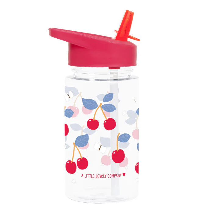 Transparante A Little Lovely Company drinkfles met kersenprint en rietje, 450 ml