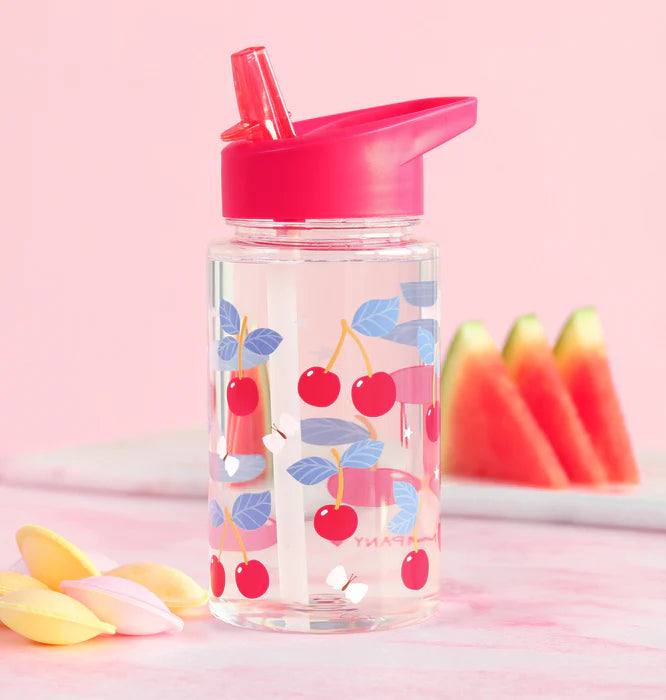 Transparante A Little Lovely Company drinkfles met kersenprint en rietje, 450 ml