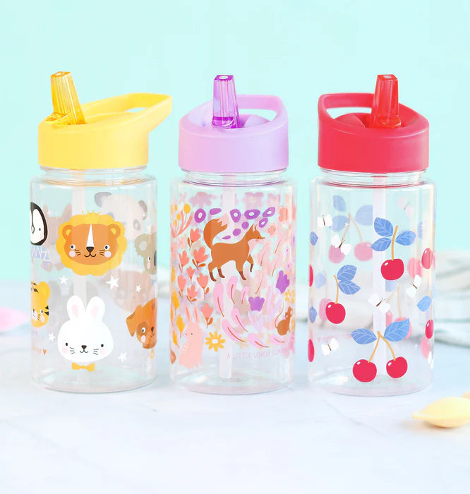 Transparante A Little Lovely Company drinkfles met kersenprint en rietje, 450 ml