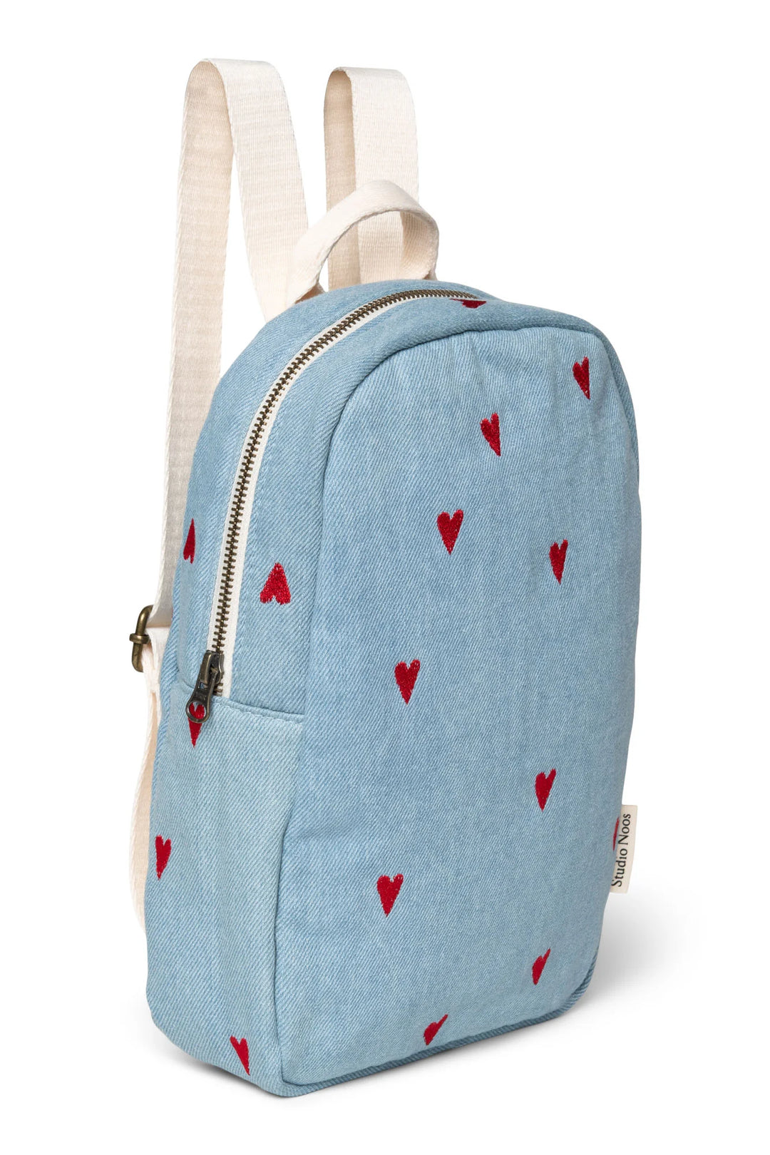 Studio Noos mini rugzak van denim met hartjesborduursel in blauw