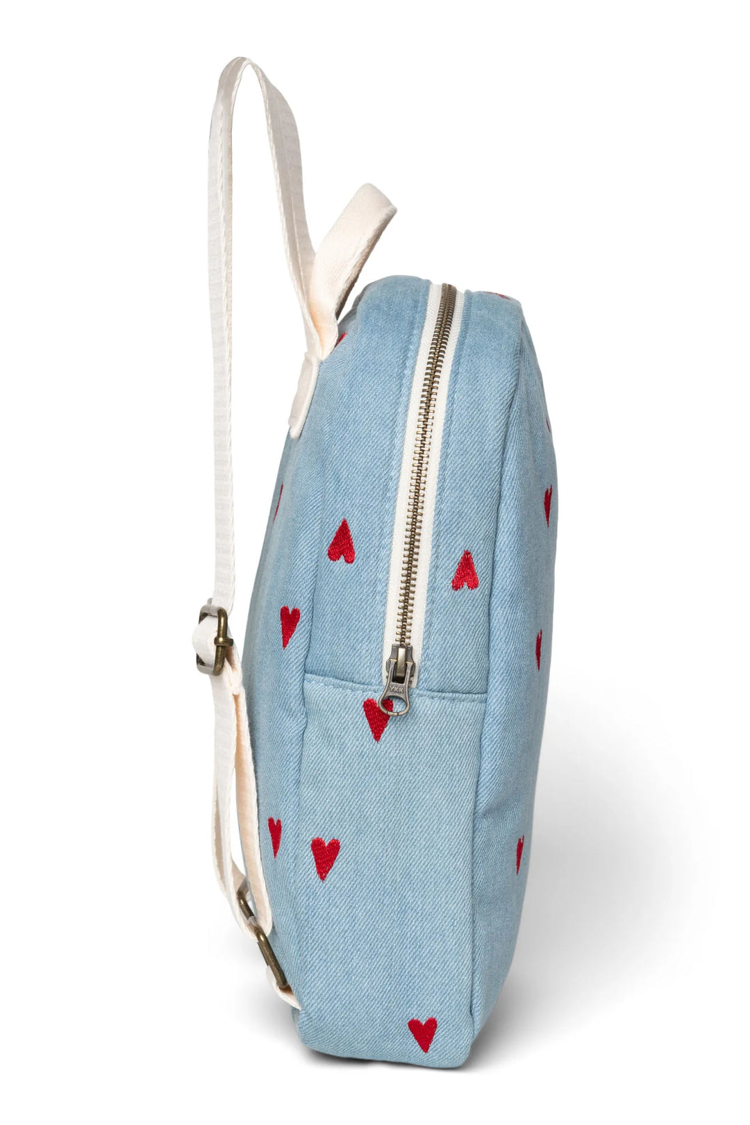 Studio Noos mini rugzak van denim met hartjesborduursel in blauw