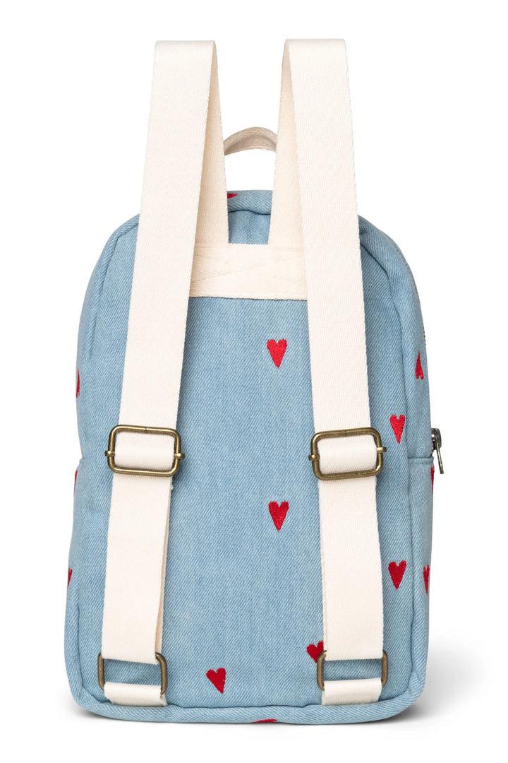 Studio Noos mini rugzak van denim met hartjesborduursel in blauw